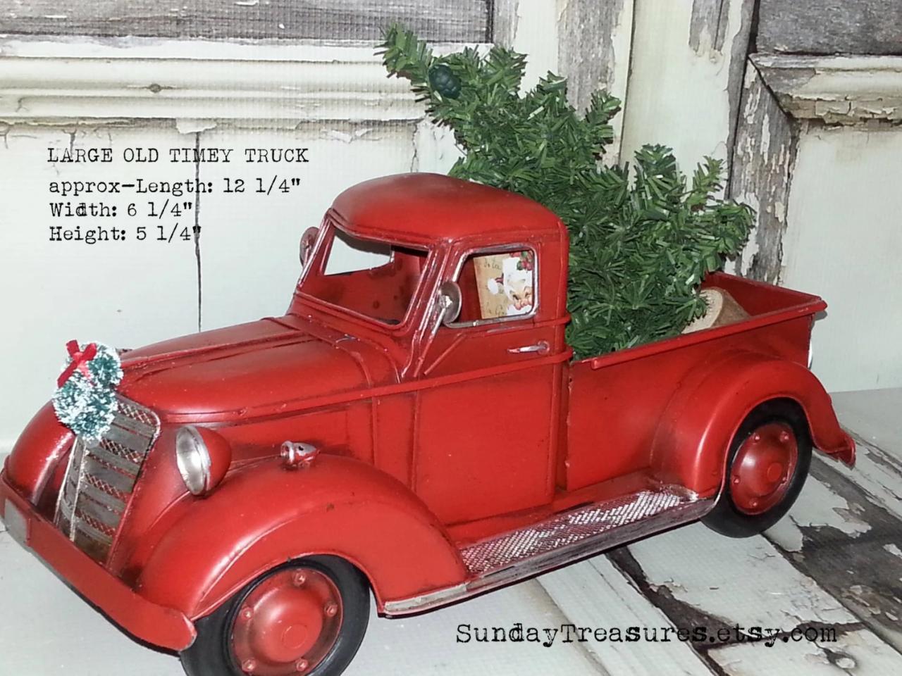 large red truck christmas decor Large Metal Old Fashioned Red Truck Christmas Decor