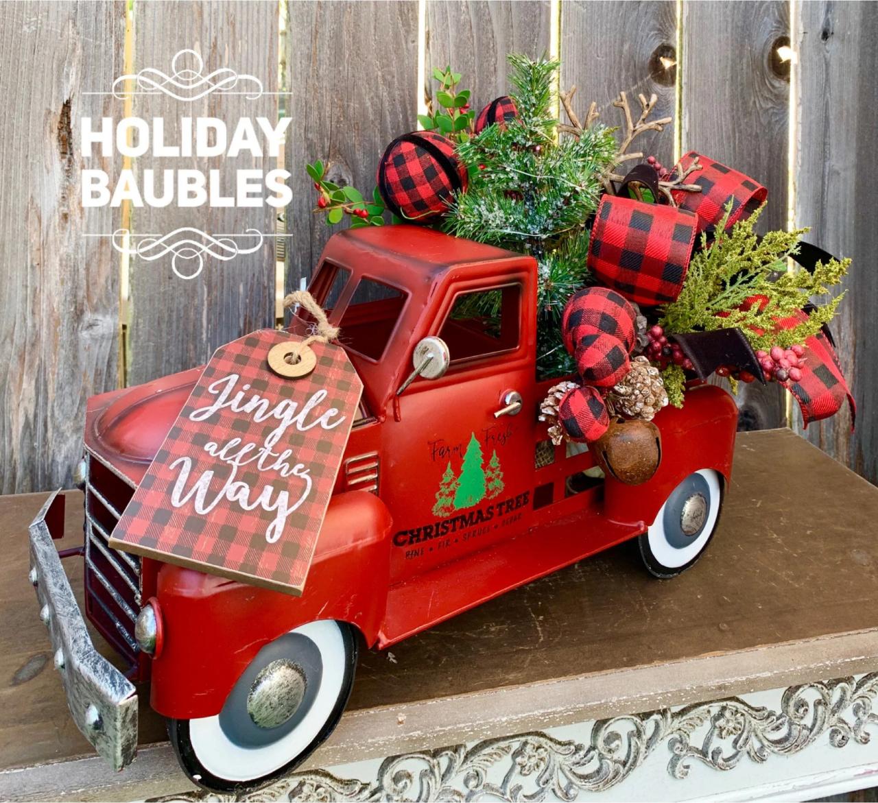 big red truck christmas decor Red Truck Centerpiece, Red Truck Decor, Rustic Buffalo Plaid Christmas