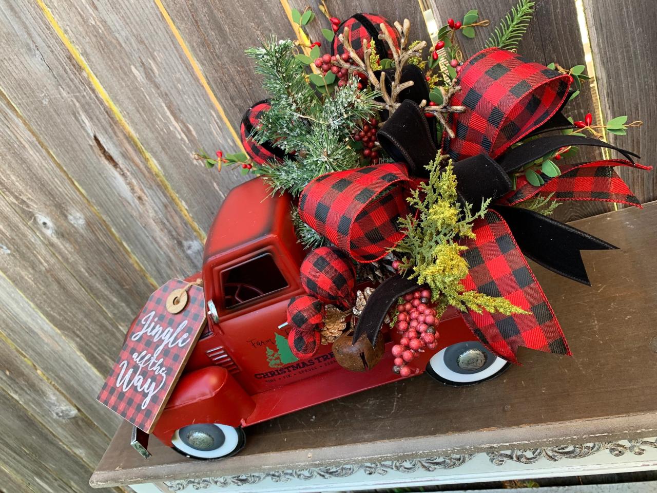 christmas red truck decor Red Truck Centerpiece, Red Truck Decor, Rustic Buffalo Plaid Christmas, Christmas Decor