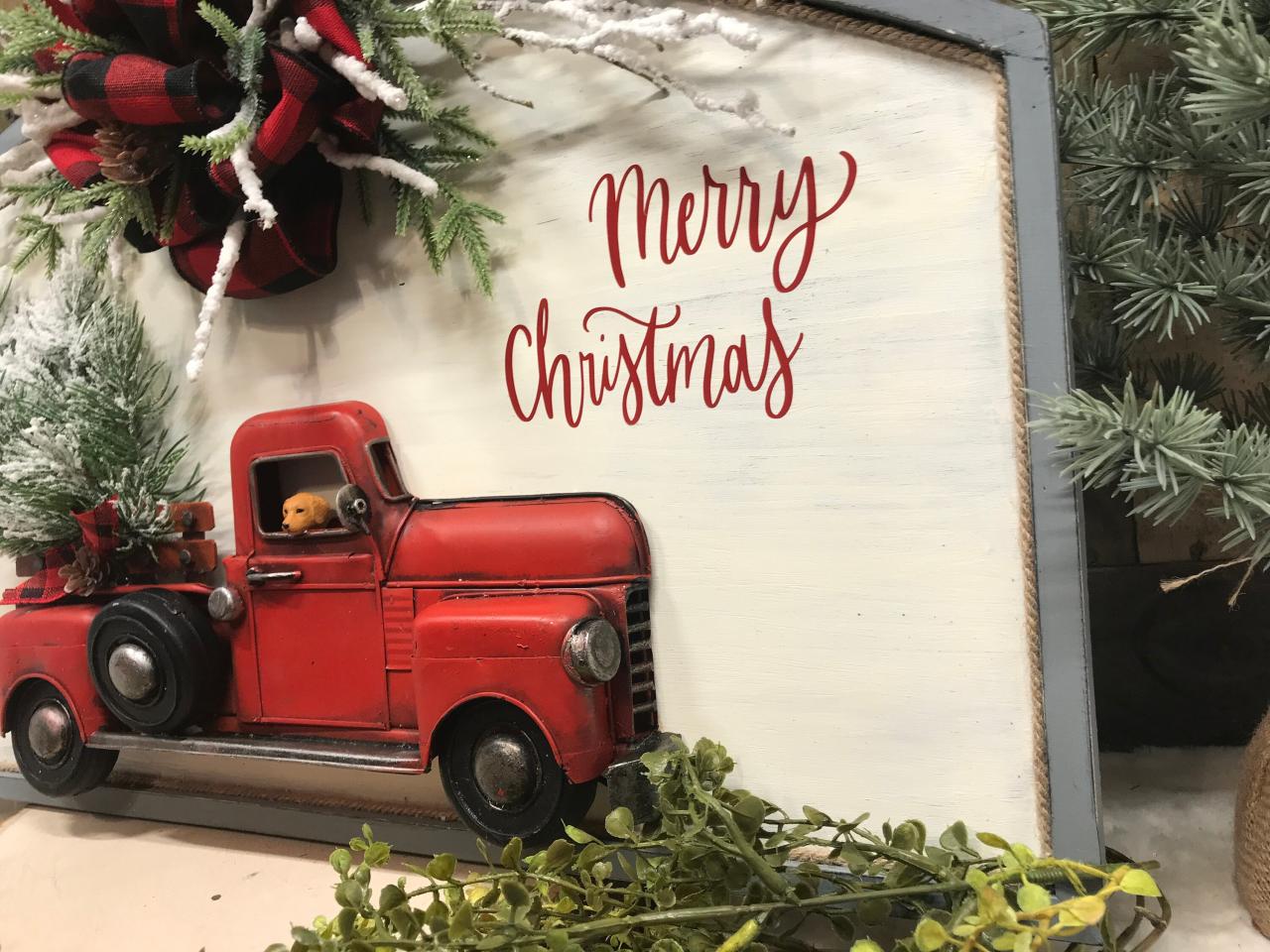 farmhouse red truck christmas decor Red Truck Christmas Wall Decor Farmhouse Christmas Merry Etsy