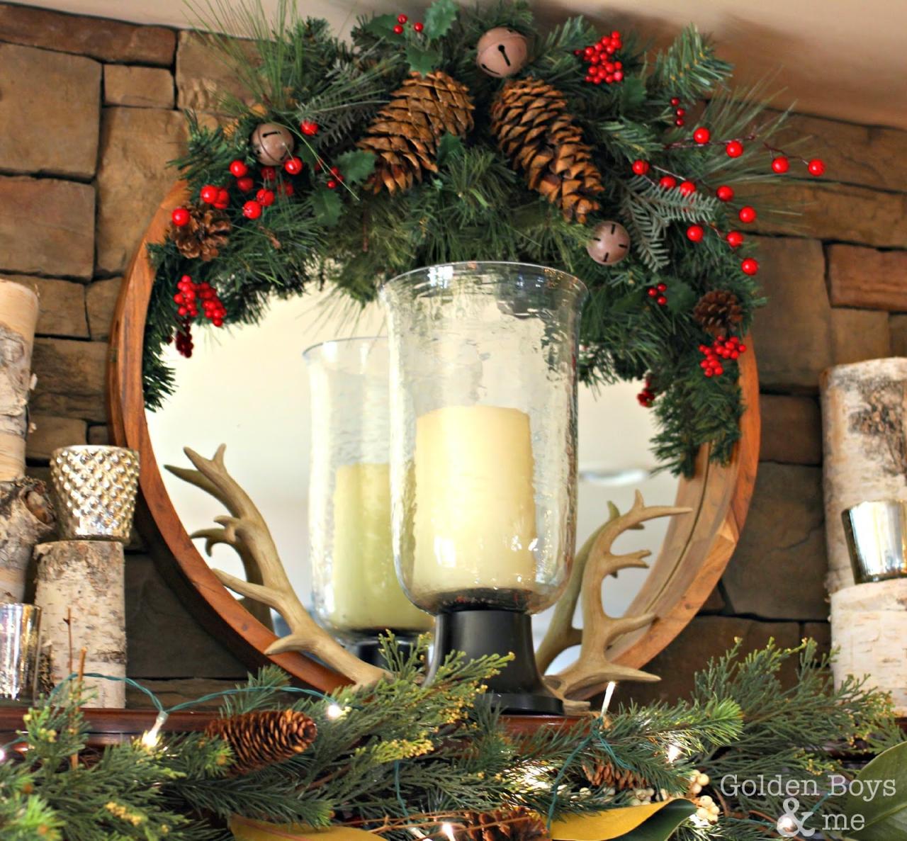 christmas decor for mirrors Rustic Christmas Mantel Golden Boys & Me