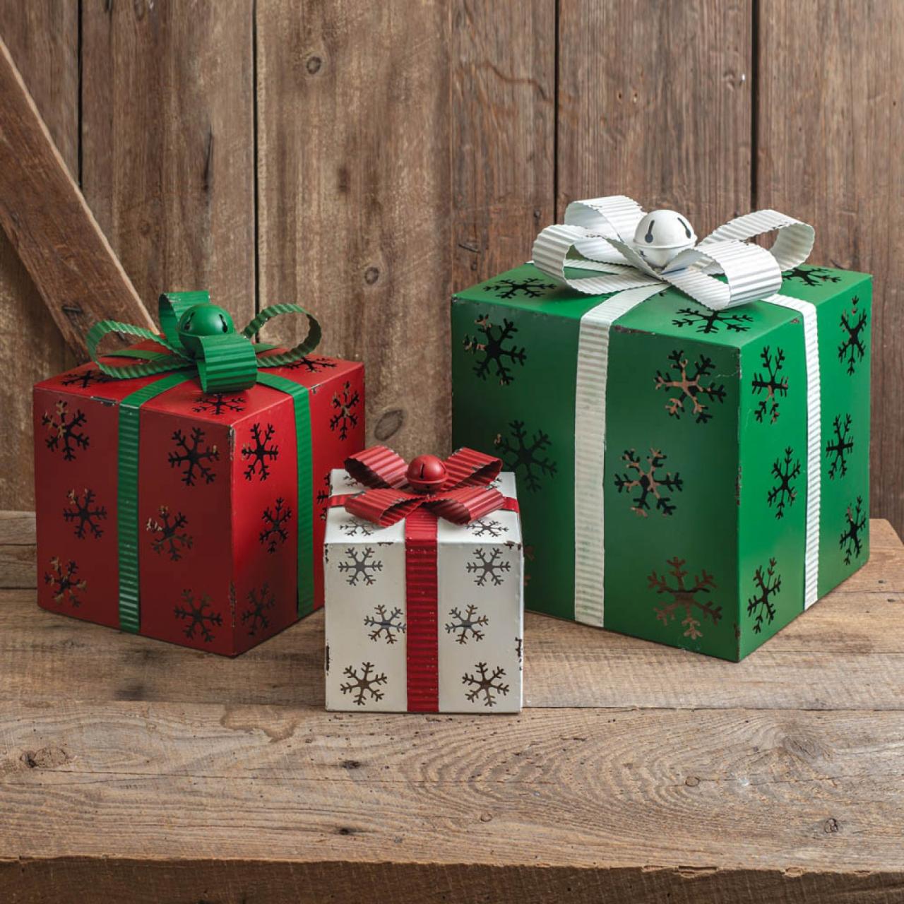 christmas gift box decor GiftBoxShaped Metal Christmas Luminaries, Set of Three Farmhouse Christmas Décor