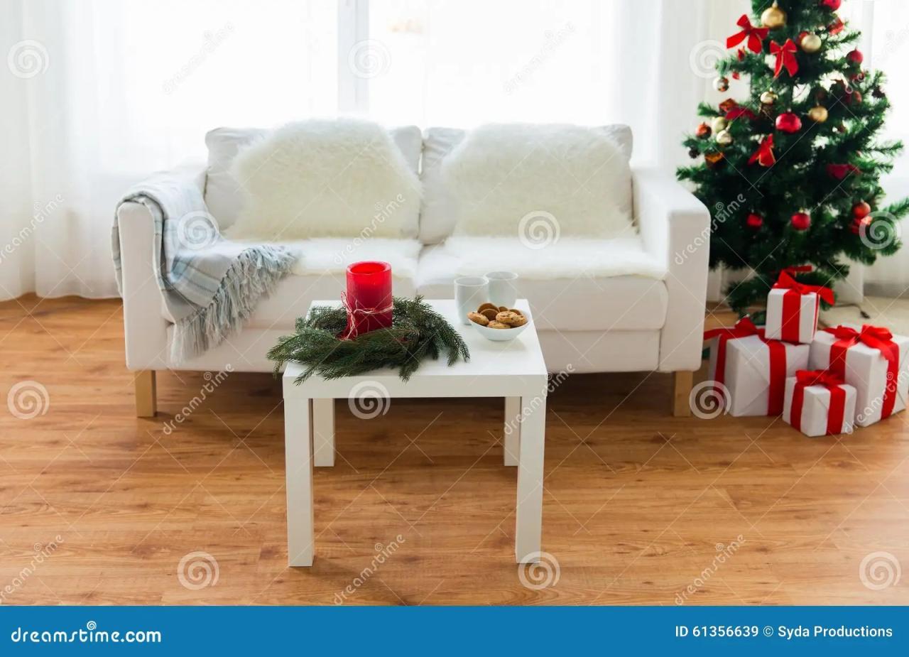 christmas decor sofa table Sofa, Table And Christmas Tree With Gifts At Home Stock Photo Image