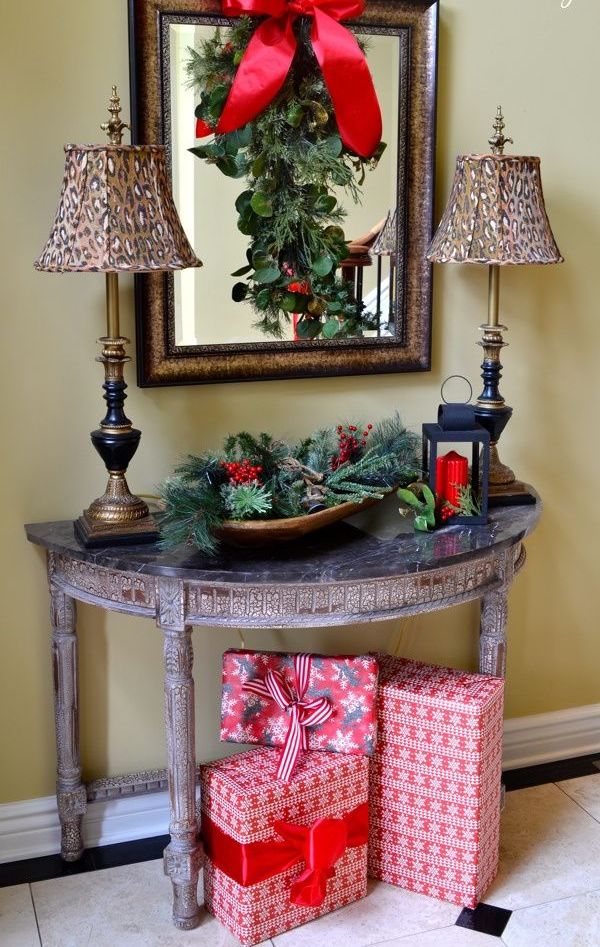 entryway table christmas decor 23 And Cozy Christmas Entryway Décor Ideas DigsDigs