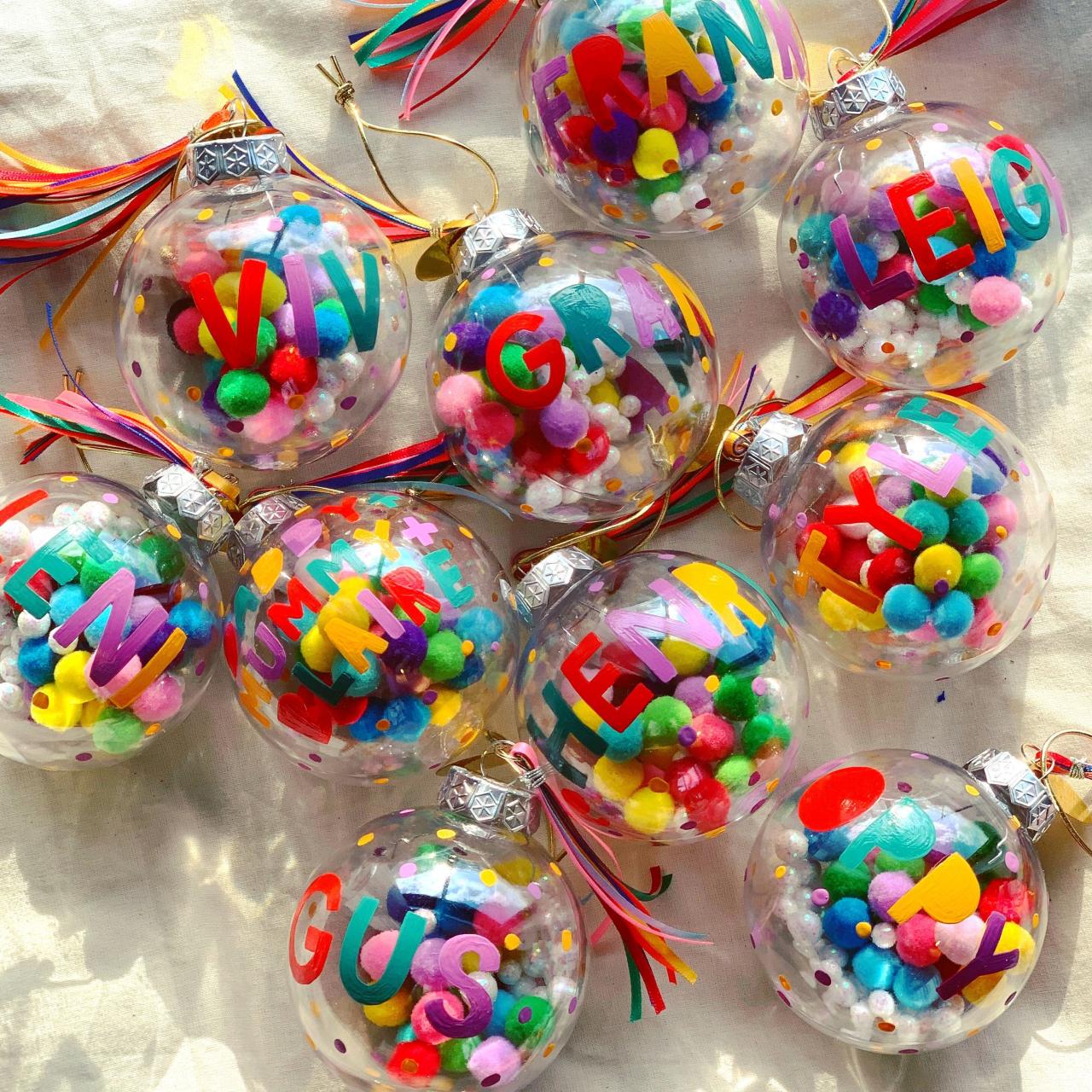 christmas decorations ideas baubles Personalised Christmas bauble Colourful with pom poms. Etsy Diy