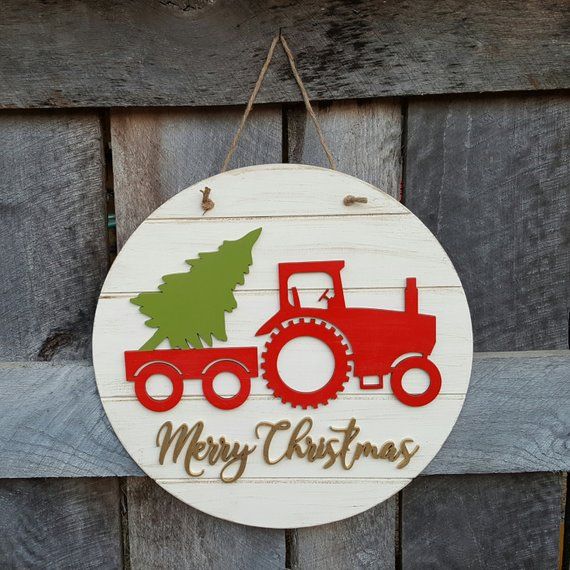 tractor supply outdoor christmas decor Merry Christmas Wreath Tractor Christmas Door Hanger Rustic Farm