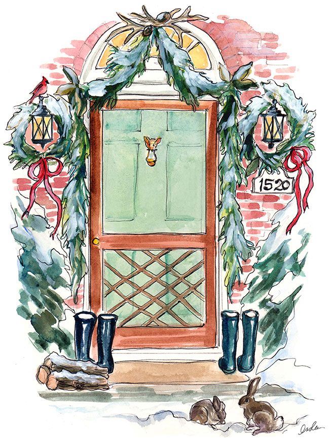 christmas decorations outdoor drawing home for the holidays Christmas illustration, Christmas art, Art