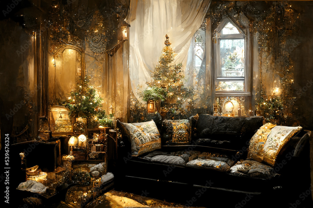 black christmas wall decor Black Christmas interior. Living room with dark walls, black sofa and