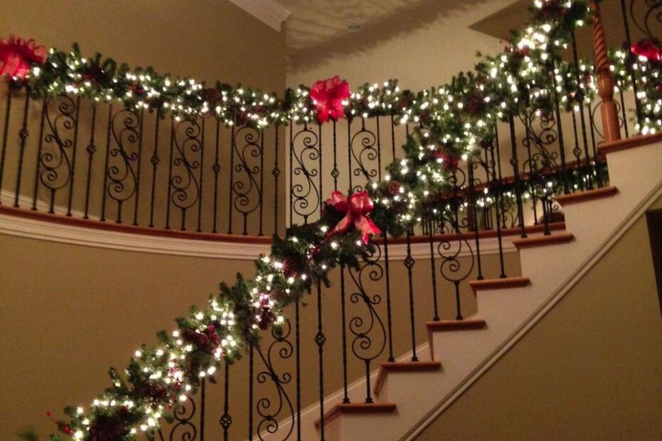 christmas decor staircase garlands Frontgate prelit garlands, some ribbon to make the bows and a little