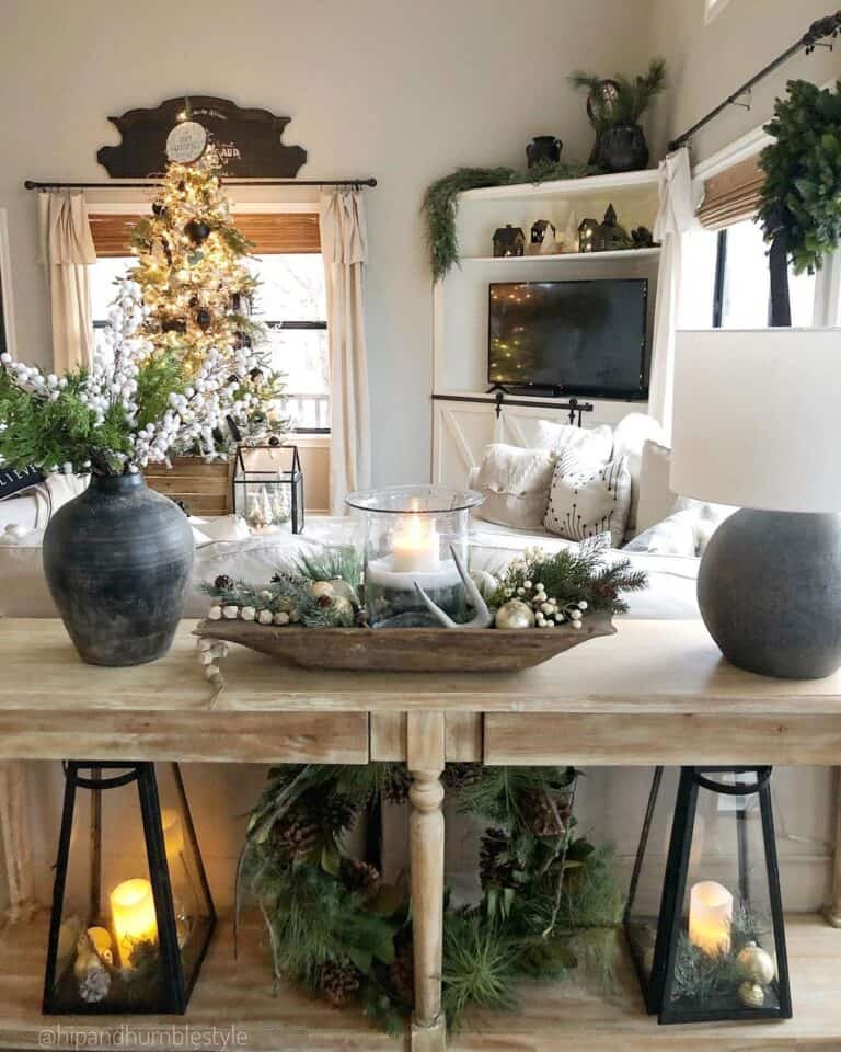 christmas decor under tv 19 Christmas Décor Ideas for TV Stands to Watch Holiday Movies in Style