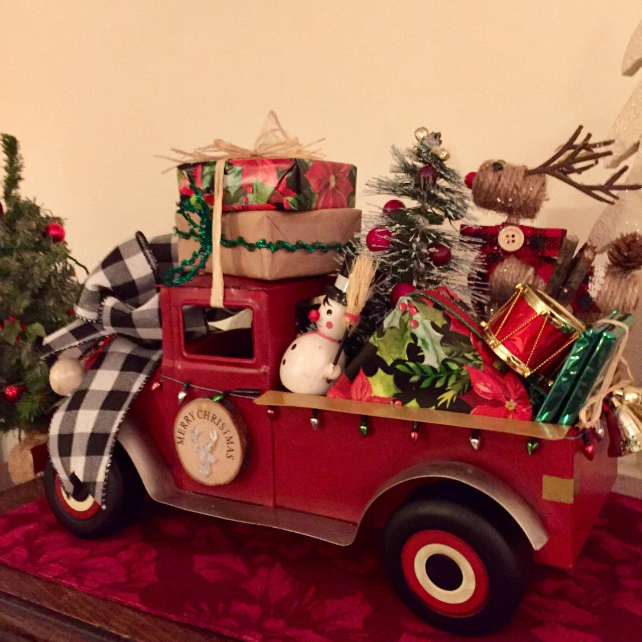 diy red truck christmas decor Little Red Truck Centerpiece Farmhouse Red Truck Christmas Etsy