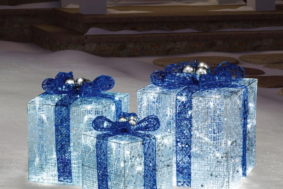 lighted christmas gift boxes yard decor Set of 3 Lighted Silver and Blue Glitter Gift Box Christmas Outdoor