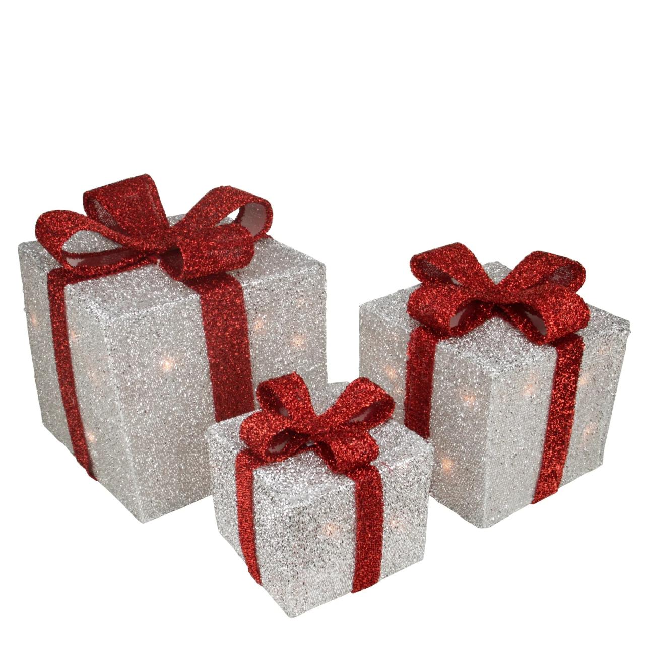 christmas decorations outdoor gift boxes Set of 3 Silver Tinsel Lighted Gift Boxes with Red Bows Outdoor