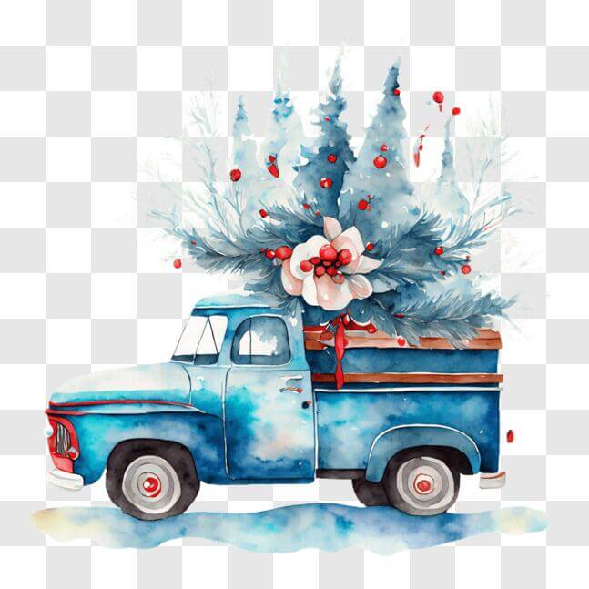 blue truck christmas decor Download Festive Blue Truck with Christmas Tree Decorations PNGs Online