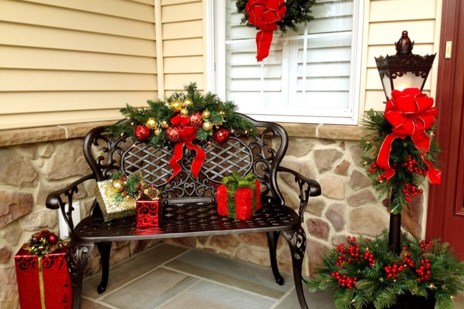 christmas decor for outdoor bench Holiday Decor festive bench to greet guest Christmas planters