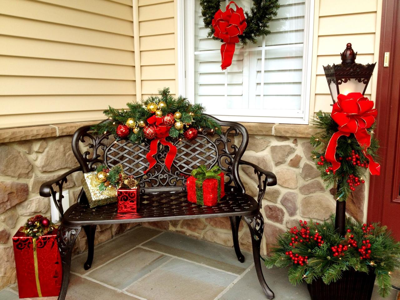 christmas decor for outdoor bench Holiday Decor festive bench to greet guest Christmas planters