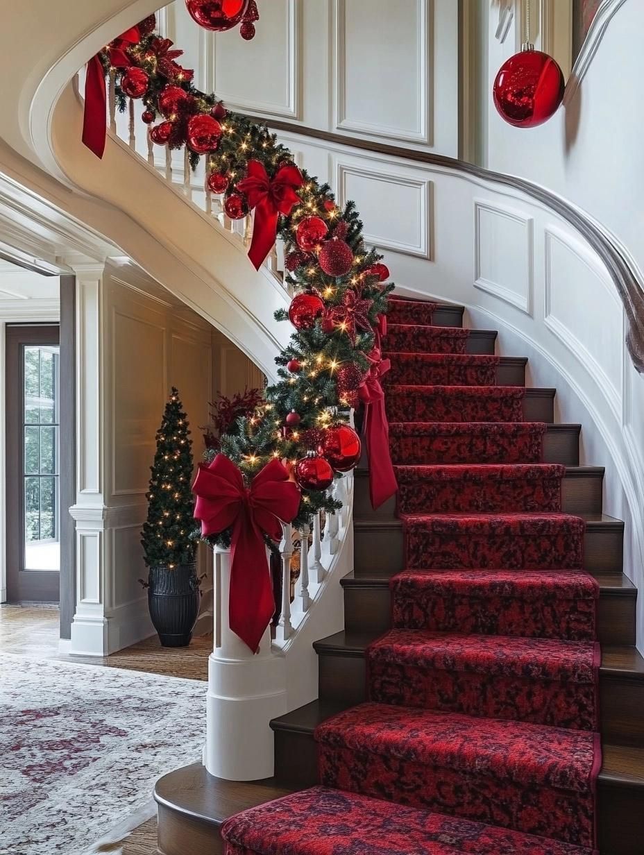 christmas decor ideas on stairs 25 Christmas Staircase Decor Ideas That Coordinate with Your Home's