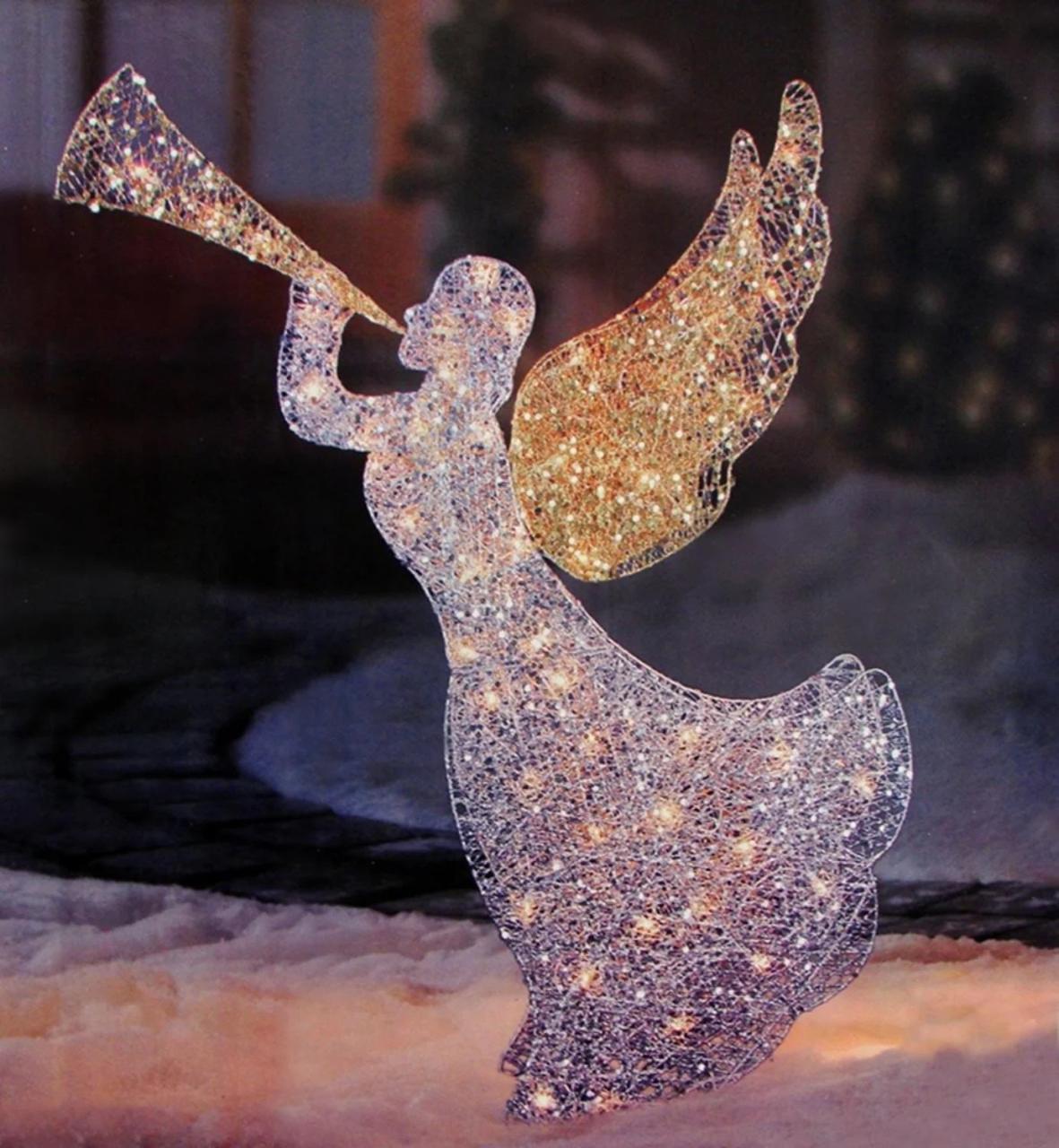 outdoor angel christmas decor 46" Lighted Glitter Sequin 3D Angel with Trumpet Christmas Yard Art