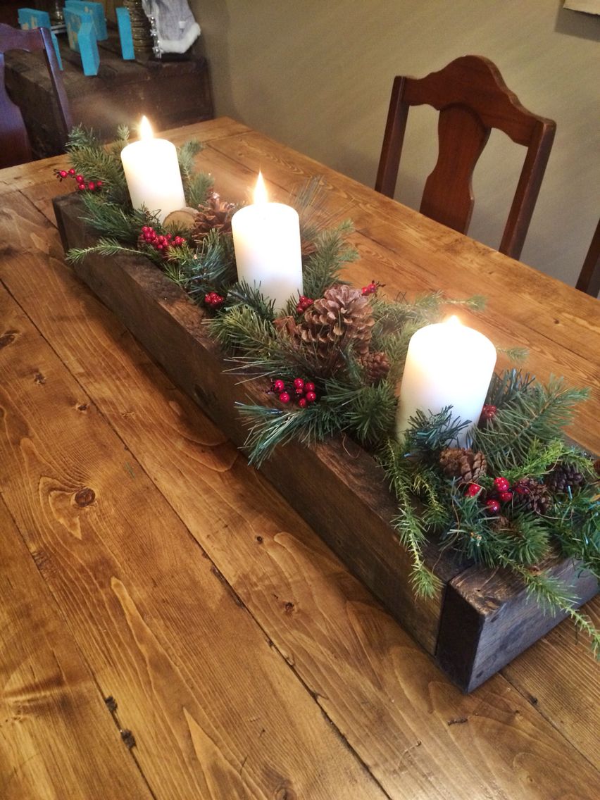 christmas candle table decor Rustic Christmas wooden box centerpiece Easy christmas diy