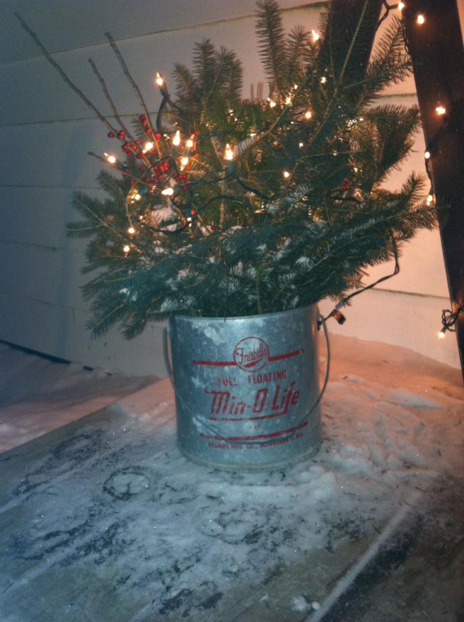 metal bucket christmas decor Metal bucket with Christmas greens Christmas decorations, Log decor