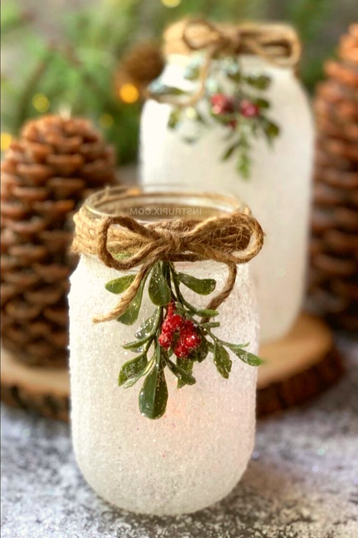 easy diy christmas decorations indoor DIY Christmas Craft Snowy Mason Jar Tea Light Holders click