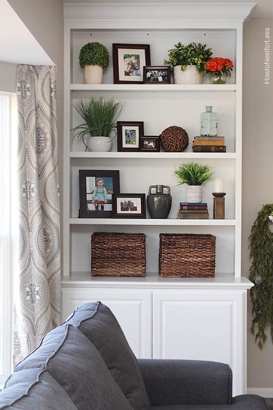 bookshelf christmas decor ideas Styled Family Room Bookshelves Shelves, November and Holidays