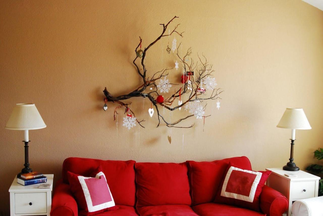 christmas decoration ideas wall Old Tree Branch Decorative Wall Hanging Red Sofa Living Room, Living