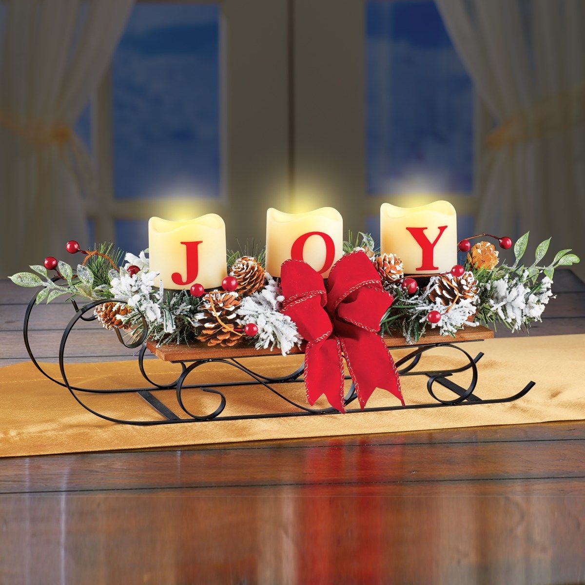 lighted christmas tabletop decor Lighted Joy Christmas Sleigh Table Centerpiece Collections Etc