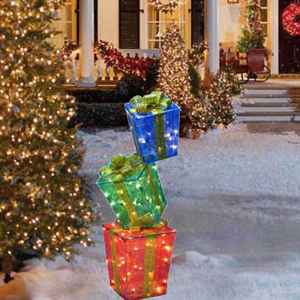 outdoor christmas decor presents 2pc Lighted Stacked Gift Boxes Presents Sculpture Outdoor Christmas