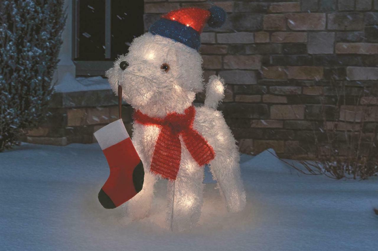 christmas decorations outdoor dog Lighted White Poodle Dog Sculpture Outdoor Christmas Decoration Holiday