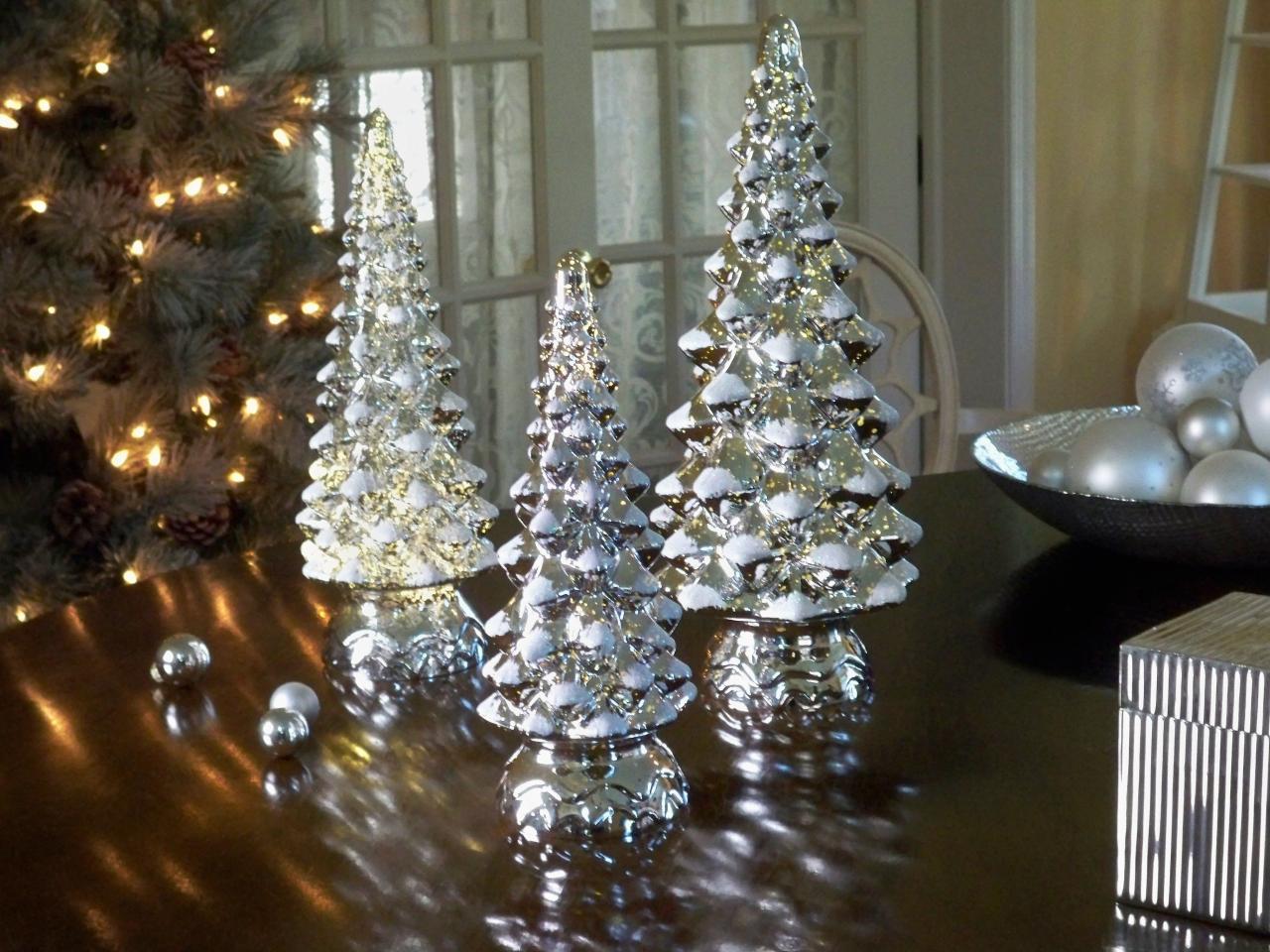 glass christmas trees decor Set of 3 Mercury Glass Trees (shown here in silver) Illuminate with a