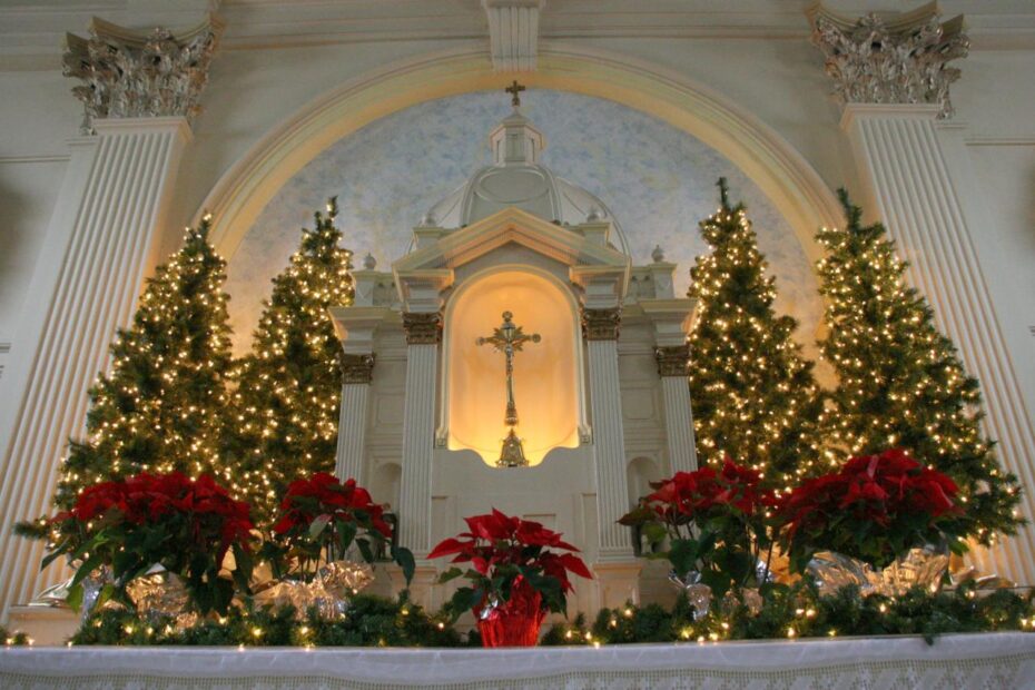 christmas decor at church St. Dominic's Catholic Church at Christmas. Benicia,CA Christmas