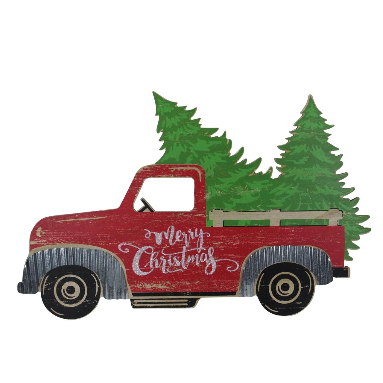 red christmas truck decor 31" Red Wooden "Merry Christmas" Pick Up Truck Christmas Tabletop