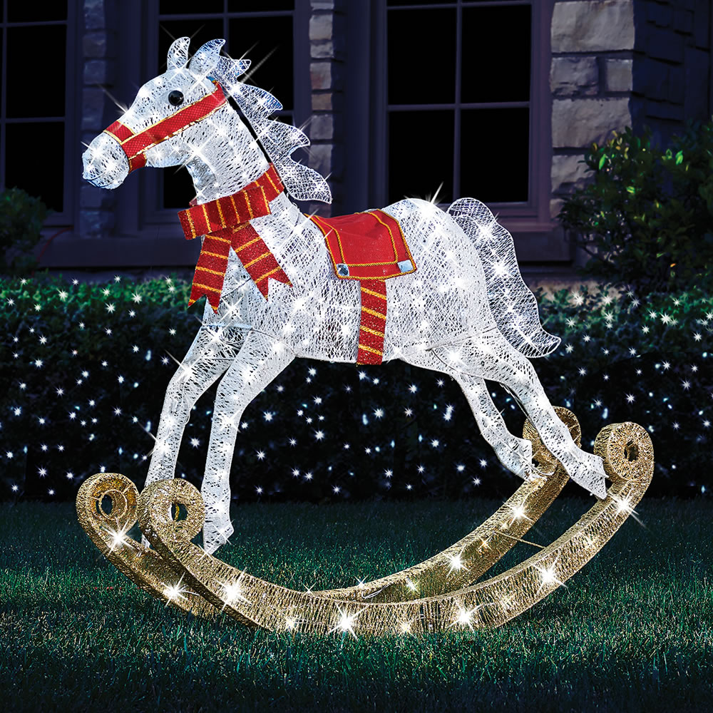 christmas outdoor decorations horse The 4' Twinkling Rocking Horse Hammacher Schlemmer Outdoor holiday