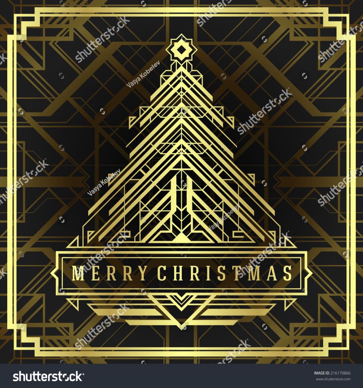 art deco christmas decor Christmas tree art deco style. Merry Christmas holidays wish greeting