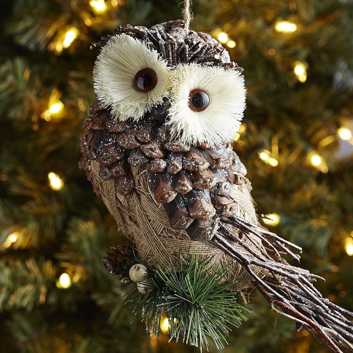 christmas owl outdoor decor Natural Frosted Pinecone Owl Ornament Owl ornament, Owl crafts