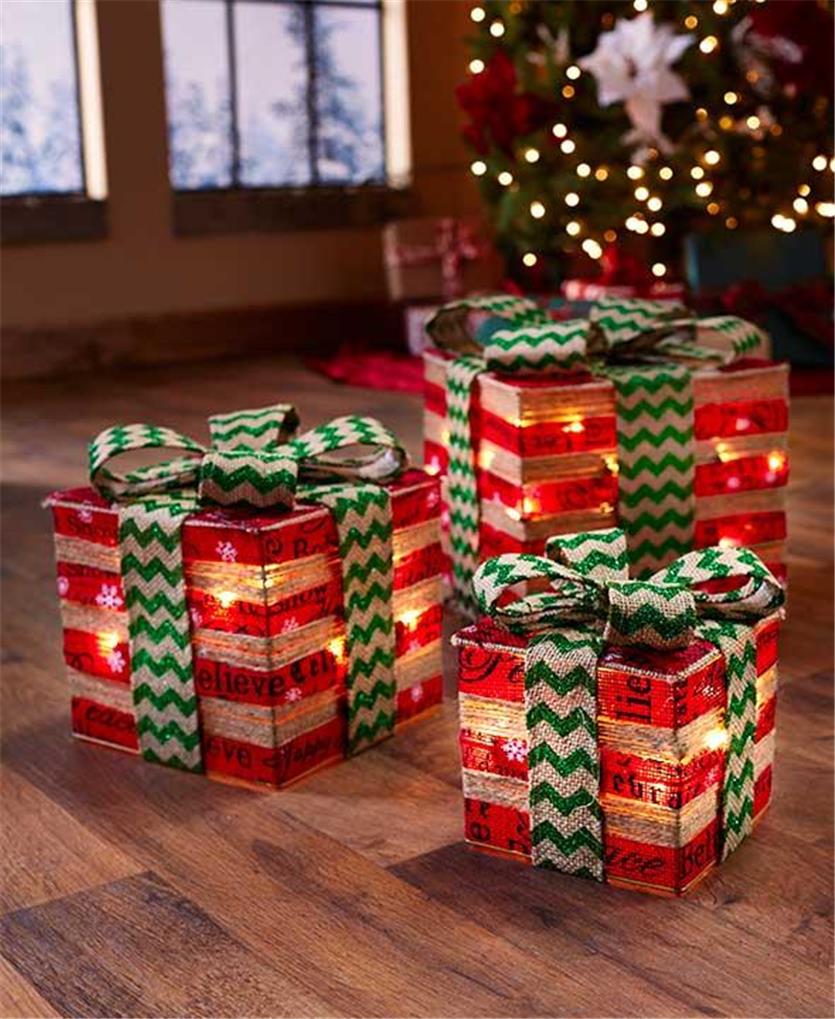 christmas decor with boxes SET OF 3 LIGHTED CHRISTMAS GIFT BOX HOLIDAY DECOR DRAMATIC ACCENT