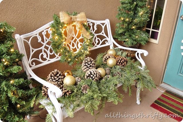 christmas decor for outdoor bench outside christmas bench Love this bench with greenery, pinecones and