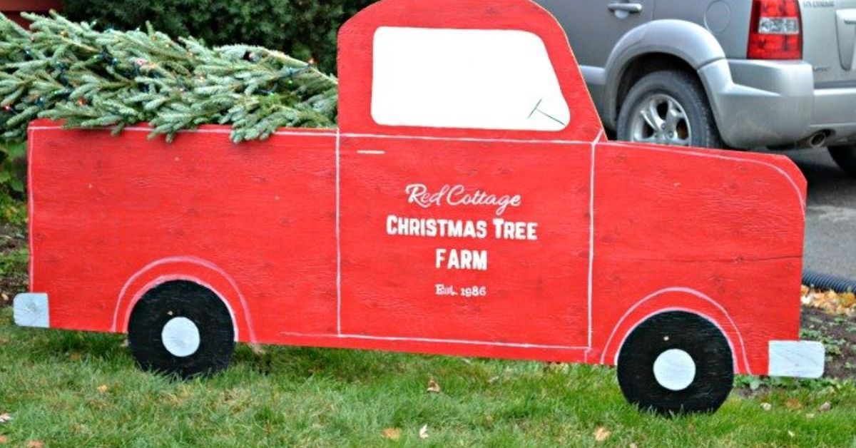 red truck christmas decor outdoor Red Truck & Christmas Tree Outdoor Christmas Decor Christmas yard