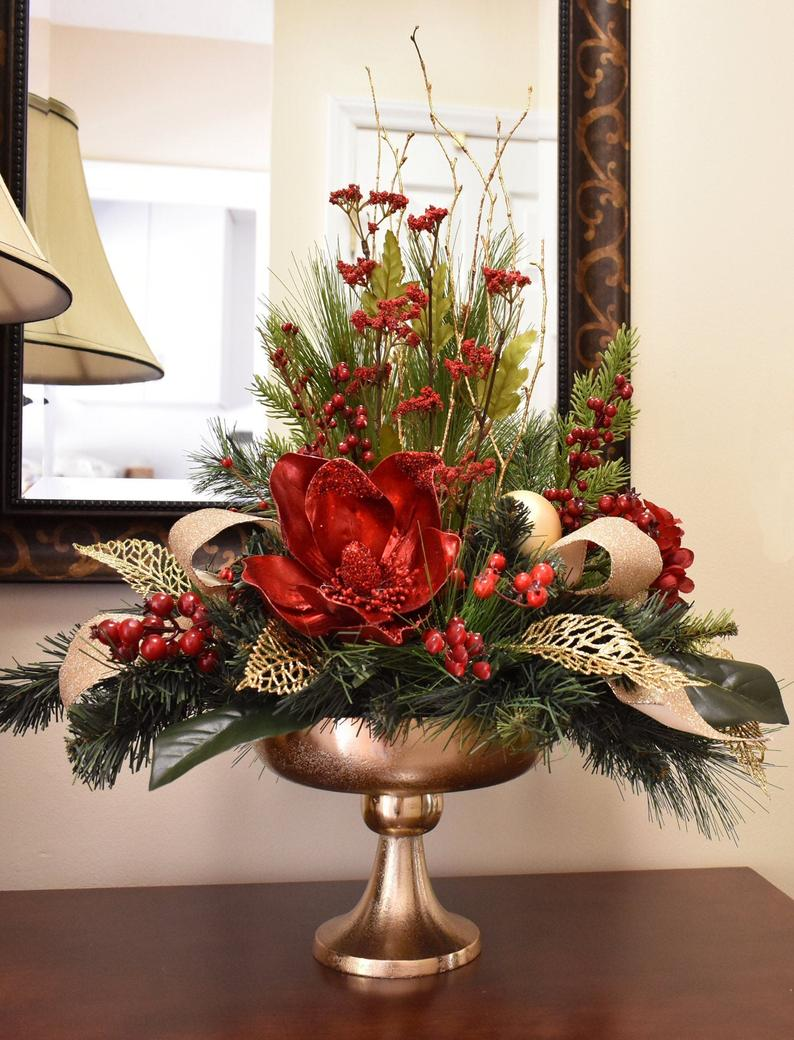 flower vase christmas decor Red Magnolia Christmas Centerpiece Gold Pedestal Vase Etsy