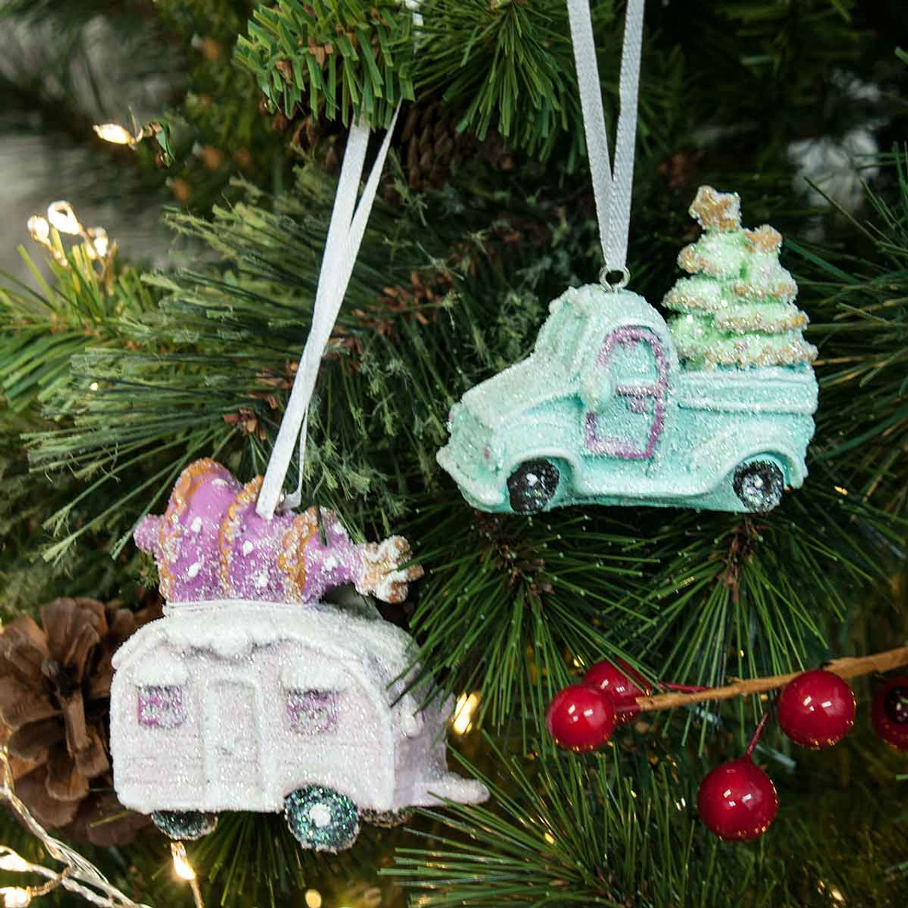 blue truck christmas decor Blue Truck with Christmas Tree Ornament 7.5cm Christmas Elves