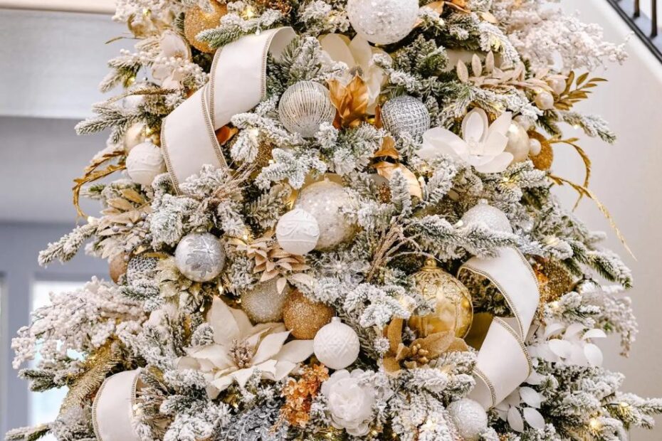 christmas decor ideas white and gold Flocked Christmas Tree White And Gold Glam Style Setting, 50 OFF