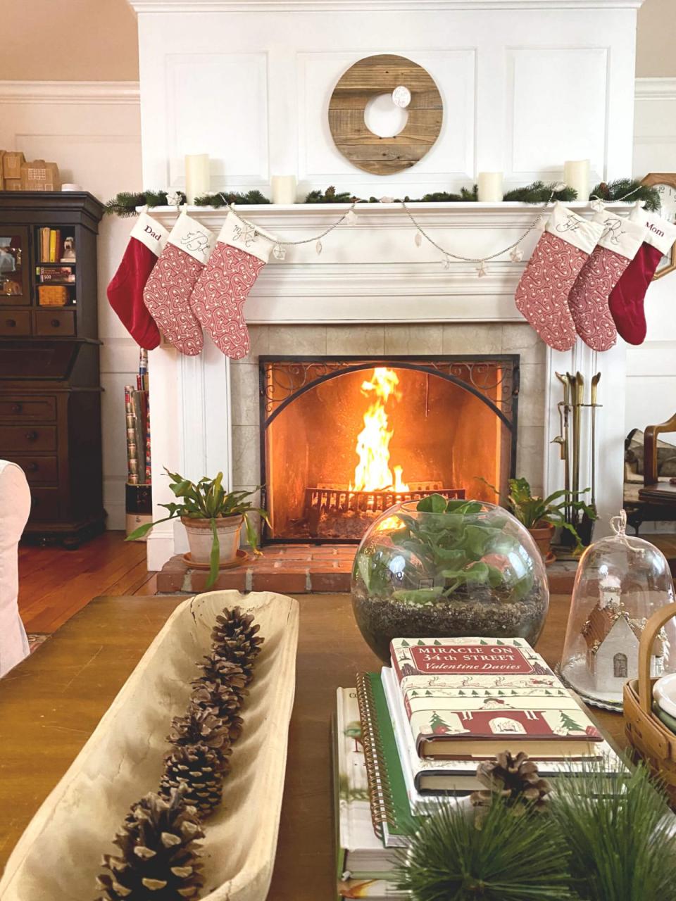 farmhouse christmas fireplace decor Farmhouse Red Christmas Fireplace Mantel Decor with Christmas