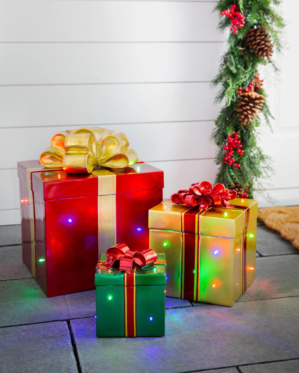 outdoor christmas decor presents Outdoor Stackable Lighted Christmas Gifts Balsam Hill