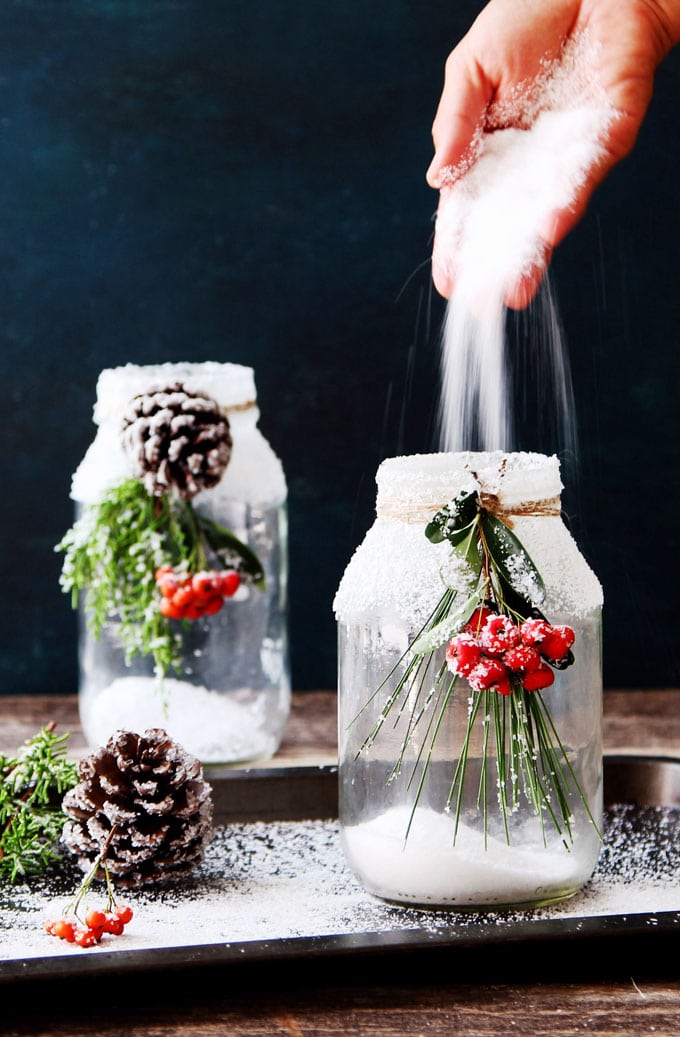 christmas decorating ideas for glass jars Snowy DIY Mason Jar Centerpieces {5Minute 1 Decorations} A Piece Of