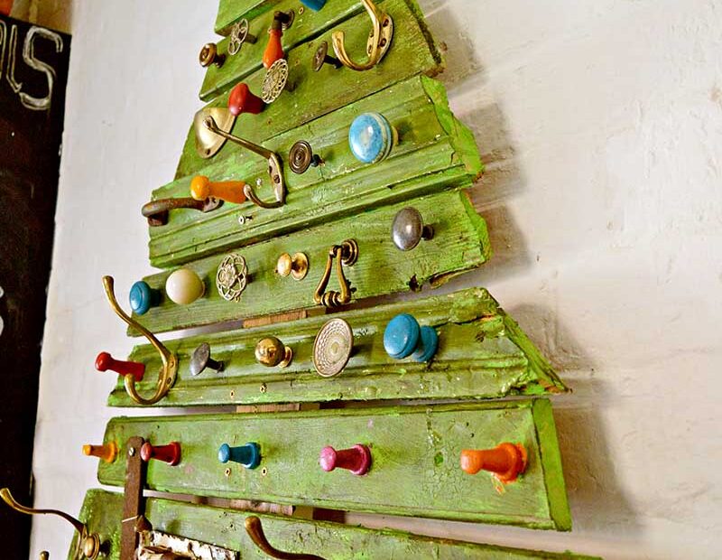 wood christmas trees decor Unique DIY Wooden Christmas Tree With Knobs On Pillar Box Blue