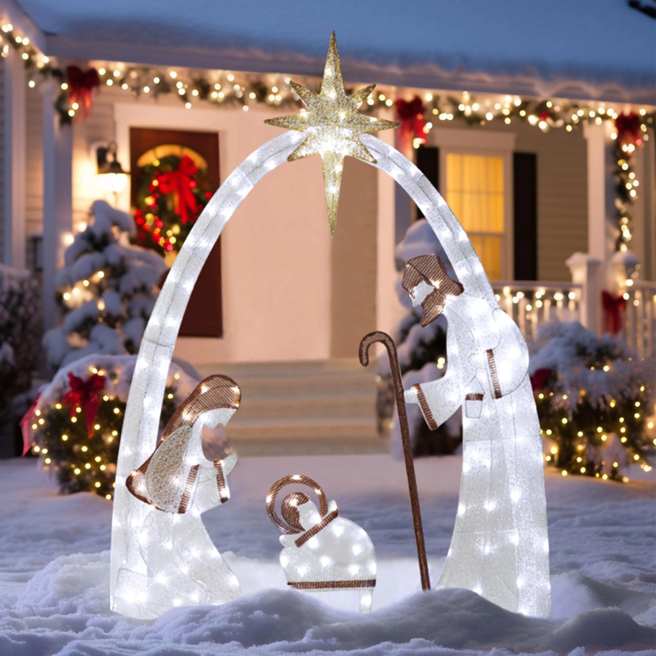 christmas decorations outdoor under  VEIKOUS 5ft Lighted Nativity Scene Christmas Decor Outdoor w/ 150 LED