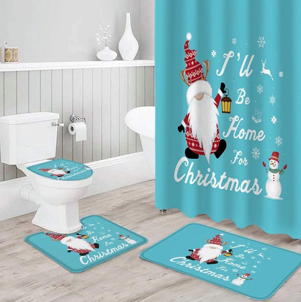 christmas gnome bathroom decor FMSHPON Christmas Gnomes 4 Piece Bathroom Set Shower Curtain Bath Rug