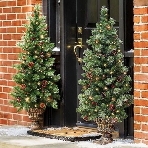 battery powered christmas decor outdoors Set of 2 48" Pre Lit Battery Operated Porch Tree Outdoor Christmas