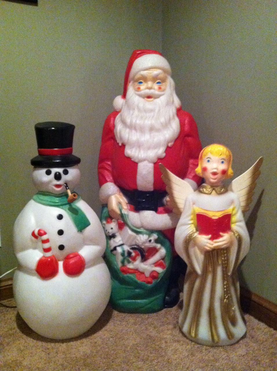 vintage outdoor christmas decorations blow mold Vintage Outdoor Lighted Blow Molds of Santa,Snowman and a angel. We